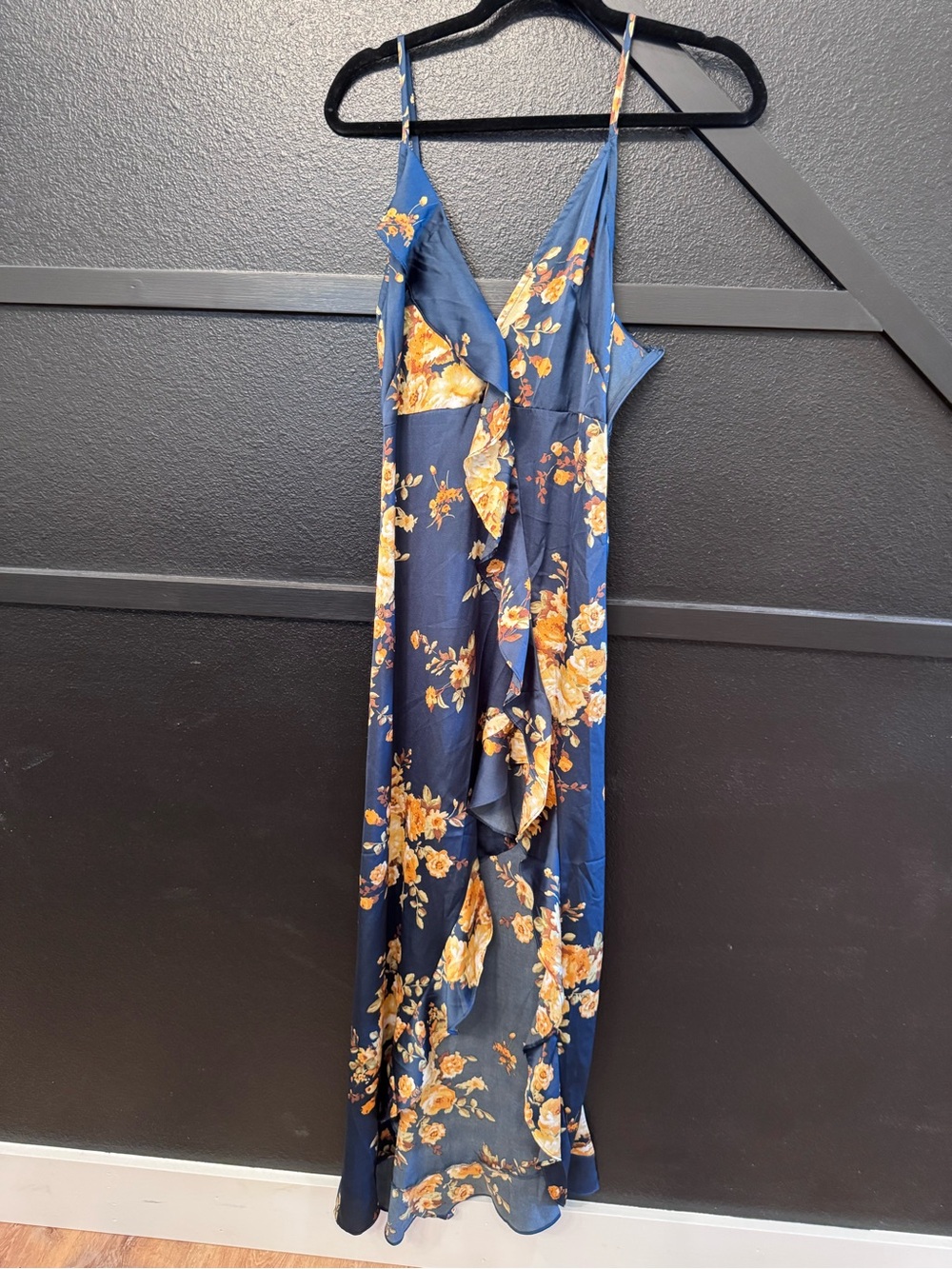 Vici Navy Floral High-Low Maxi Dress with Mustard Blooms